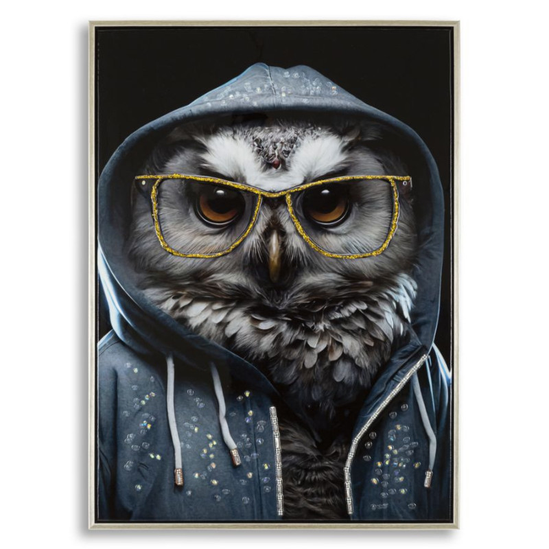 Toile murale peinte Chouette anthropomorphe 53x73 Cadre argenté Edvy 