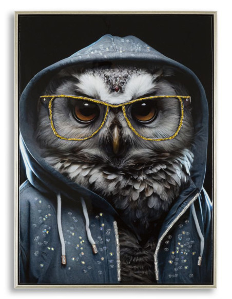 Toile murale peinte Chouette anthropomorphe 53x73 Cadre argenté Edvy 