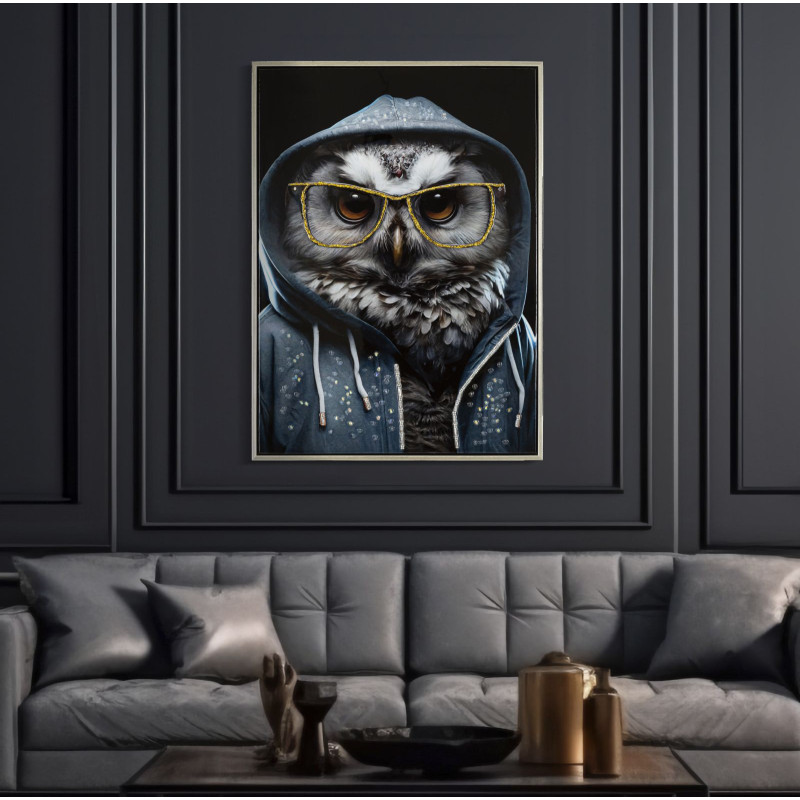 Toile murale peinte Chouette anthropomorphe 53x73 Cadre argenté Edvy 