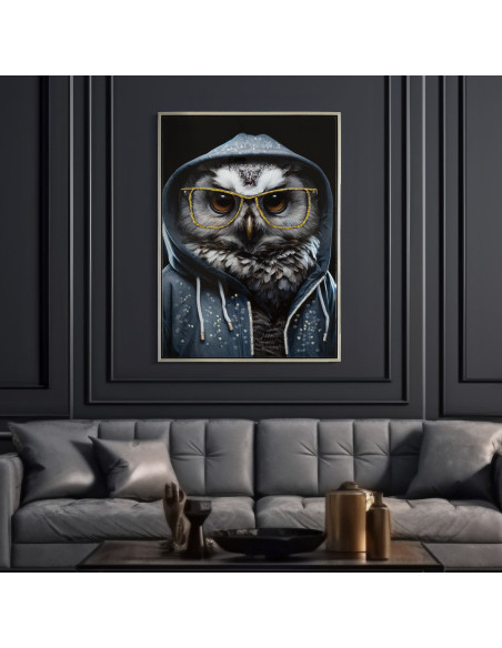 Toile murale peinte Chouette anthropomorphe 53x73 Cadre argenté Edvy 