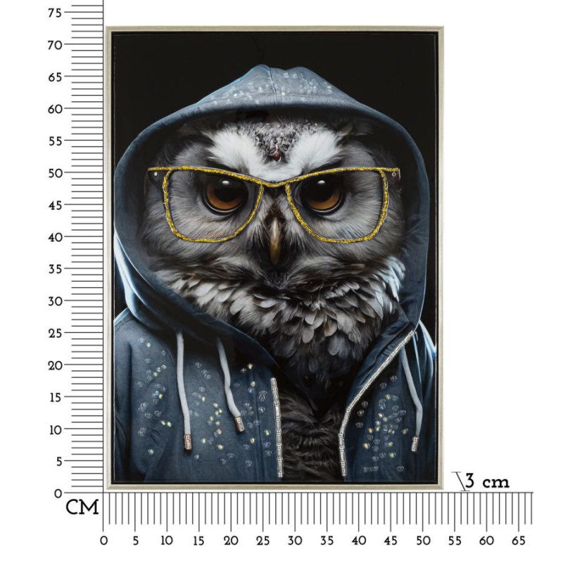 Toile murale peinte Chouette anthropomorphe 53x73 Cadre argenté Edvy 
