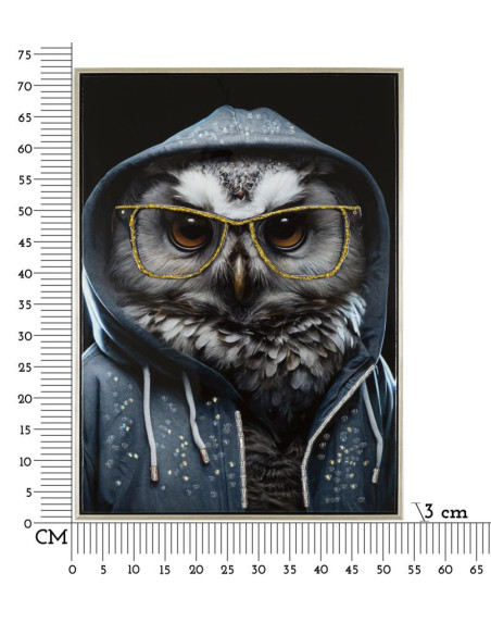 Toile murale peinte Chouette anthropomorphe 53x73 Cadre argenté Edvy 