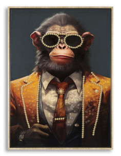 Toile murale peinte Singe anthropomorphe 52x72 Cadre doré Monky 