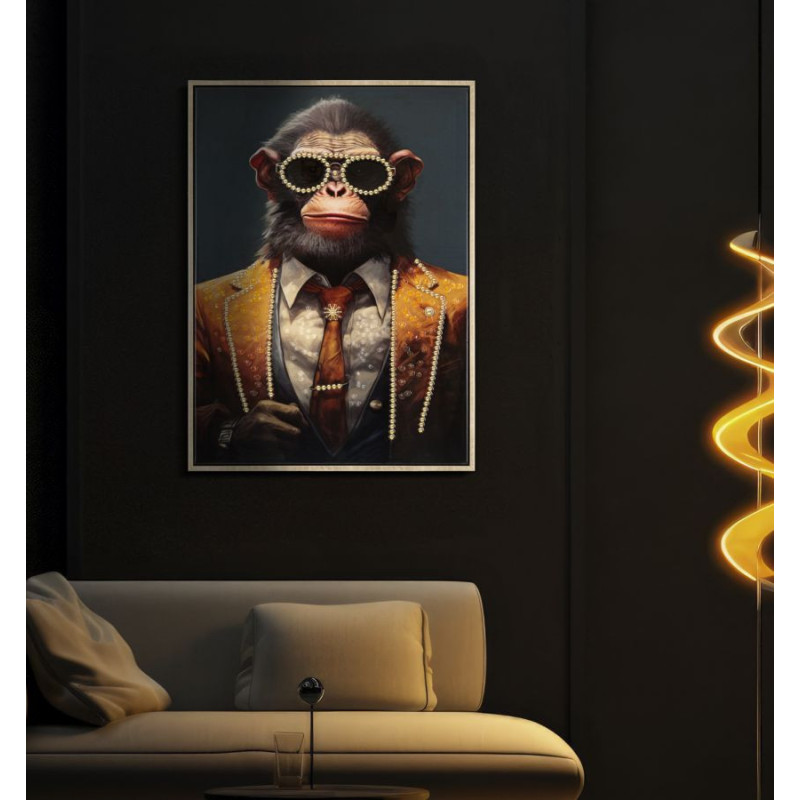 Toile murale peinte Singe anthropomorphe 52x72 Cadre doré Monky 