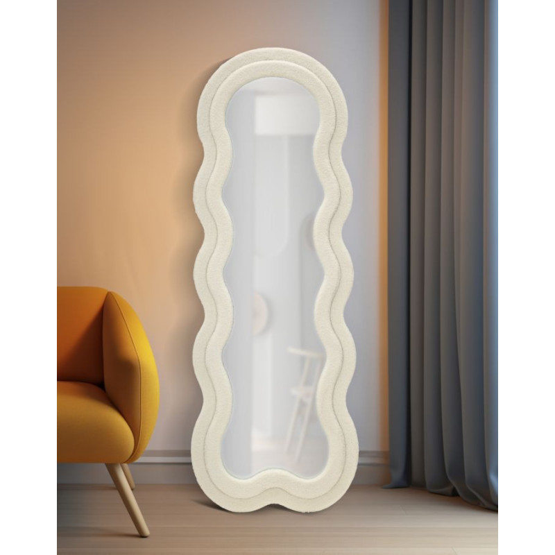 Grand Miroir mural Bouclette Irrégulier 60x160 en Tissu Blanc crème bouclé Teddy 