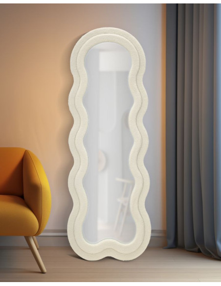Grand Miroir mural Bouclette Irrégulier 60x160 en Tissu Blanc crème bouclé Teddy 