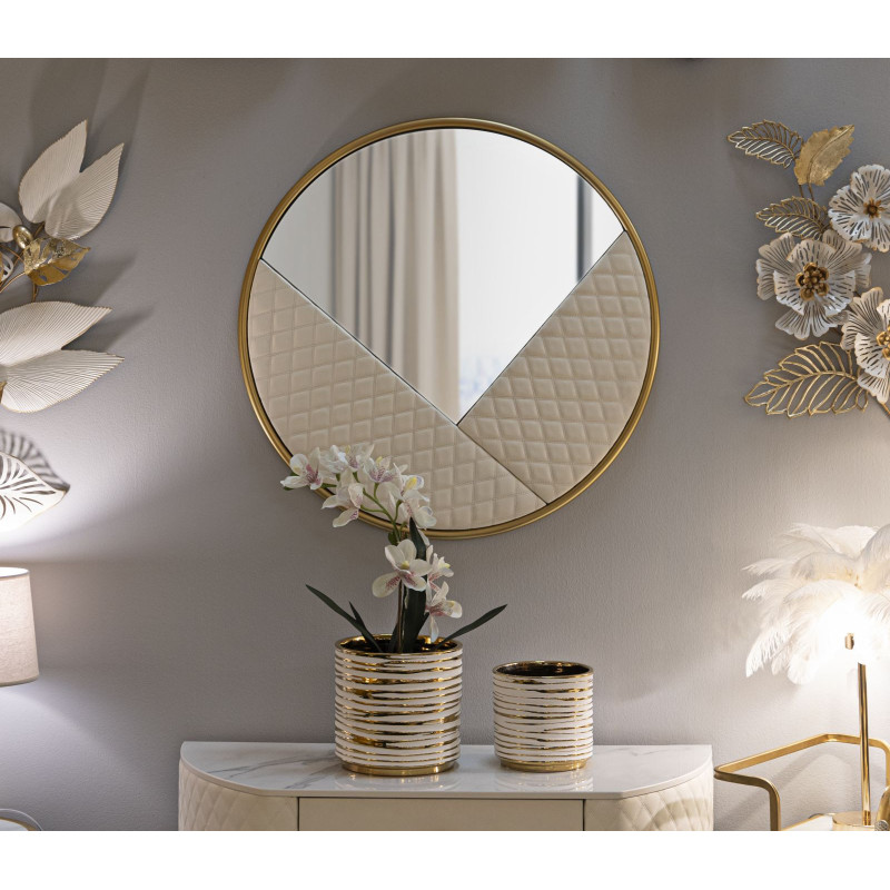 Miroir mural moderne Rond 80x80 en Bois Blanc Métal Doré Sharon 