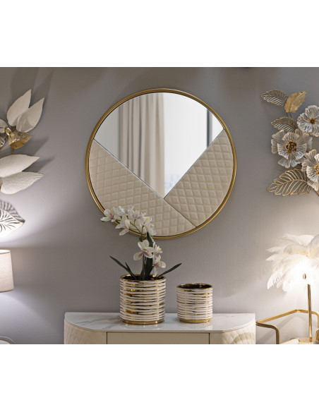 Miroir mural moderne Rond 80x80 en Bois Blanc Métal Doré Sharon 