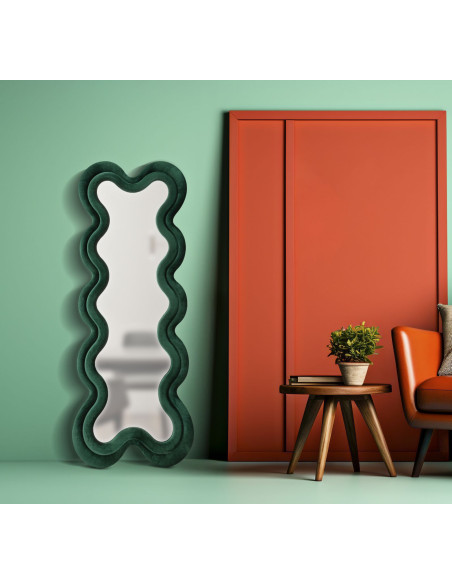 Grand Miroir mural original Irrégulier 58x160 en Velours Vert Monica 