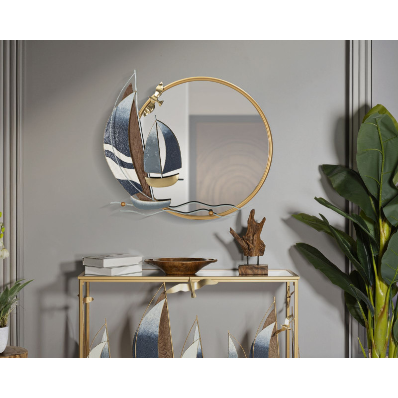 Miroir mural bord de mer Rond 71x64 en Métal Doré Motif voiliers Vele 