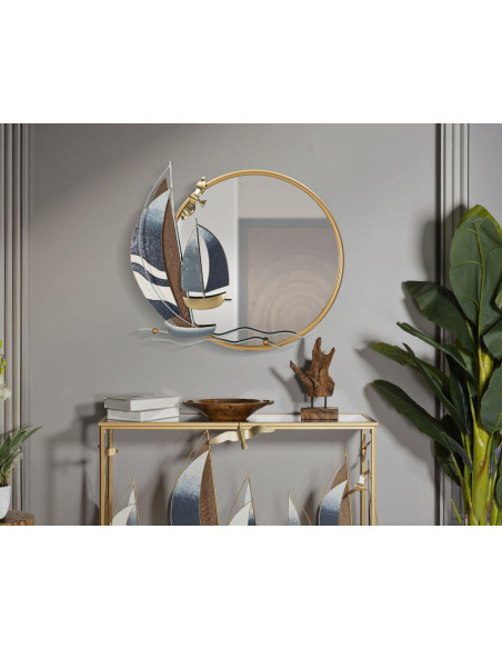 Miroir mural bord de mer Rond 71x64 en Métal Doré Motif voiliers Vele 