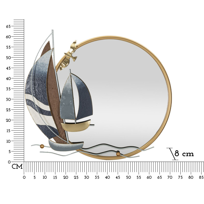 Miroir mural bord de mer Rond 71x64 en Métal Doré Motif voiliers Vele 