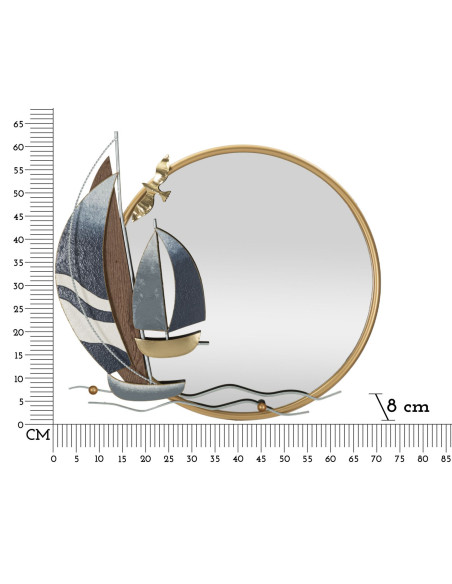 Miroir mural bord de mer Rond 71x64 en Métal Doré Motif voiliers Vele 