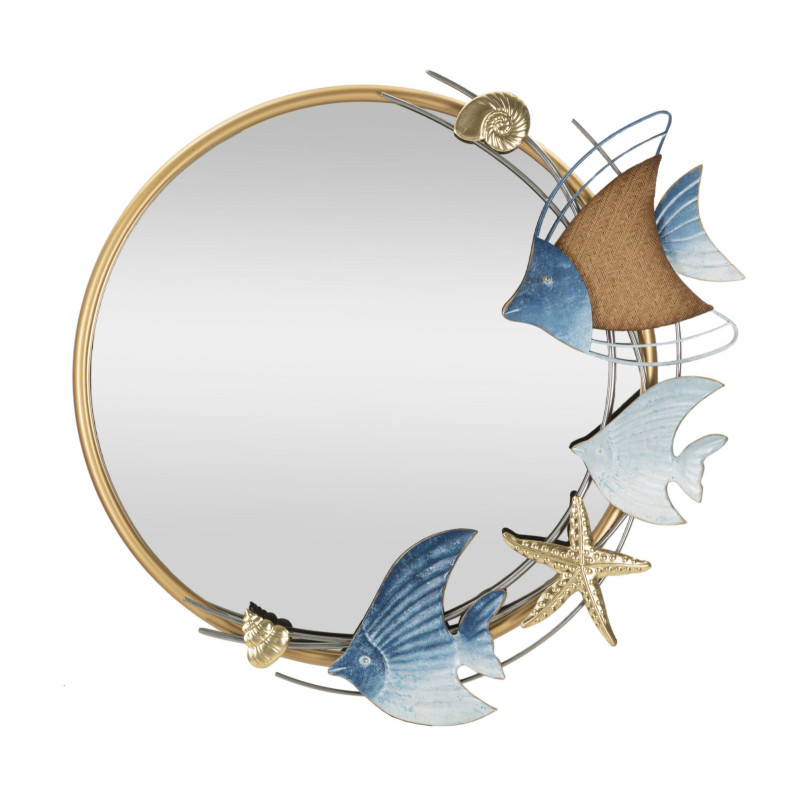 Miroir mural bord de mer Rond 68x67 en Métal Doré Motif Poissons Marine 