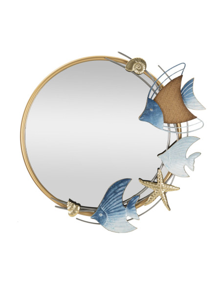 Miroir mural bord de mer Rond 68x67 en Métal Doré Motif Poissons Marine 