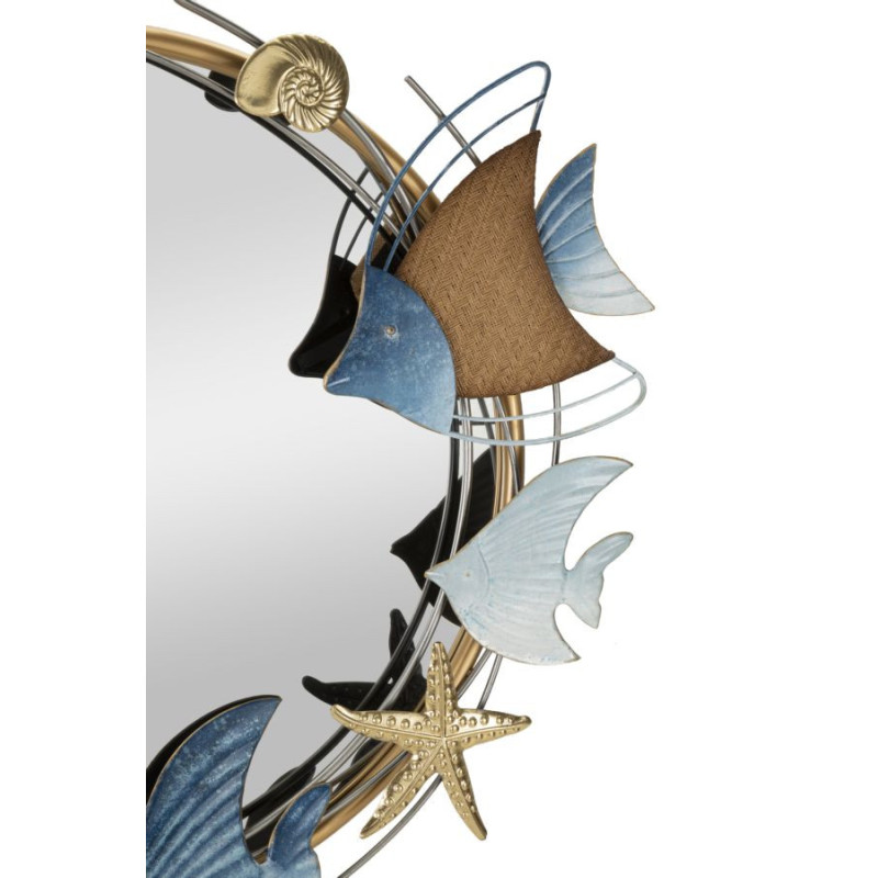 Miroir mural bord de mer Rond 68x67 en Métal Doré Motif Poissons Marine 