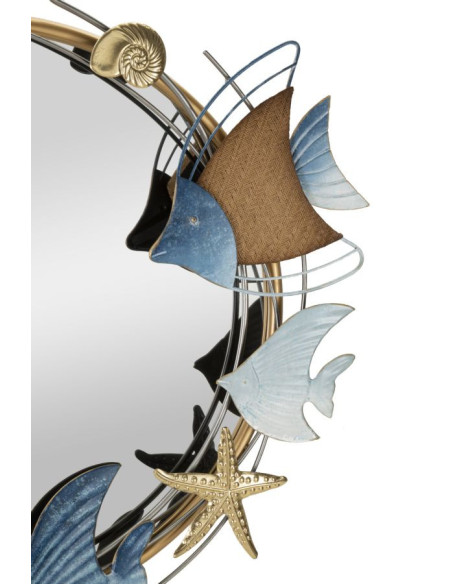 Miroir mural bord de mer Rond 68x67 en Métal Doré Motif Poissons Marine 
