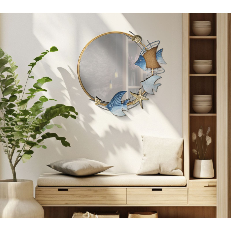 Miroir mural bord de mer Rond 68x67 en Métal Doré Motif Poissons Marine 