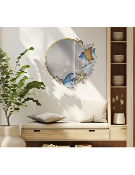Miroir mural bord de mer Rond 68x67 en Métal Doré Motif Poissons Marine 