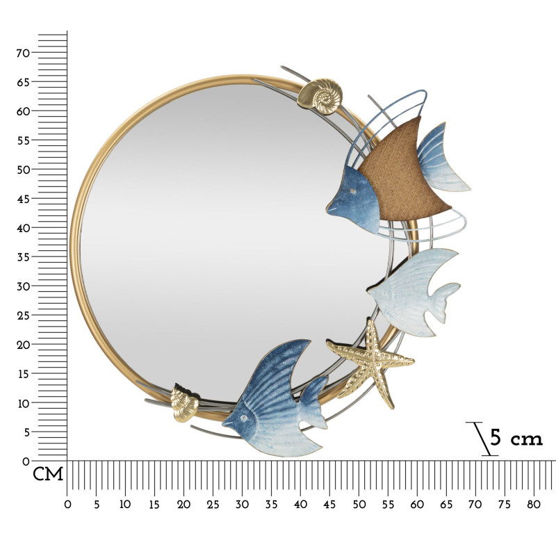 Miroir mural bord de mer Rond 68x67 en Métal Doré Motif Poissons Marine 