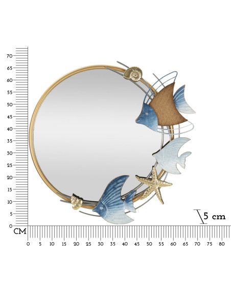 Miroir mural bord de mer Rond 68x67 en Métal Doré Motif Poissons Marine 
