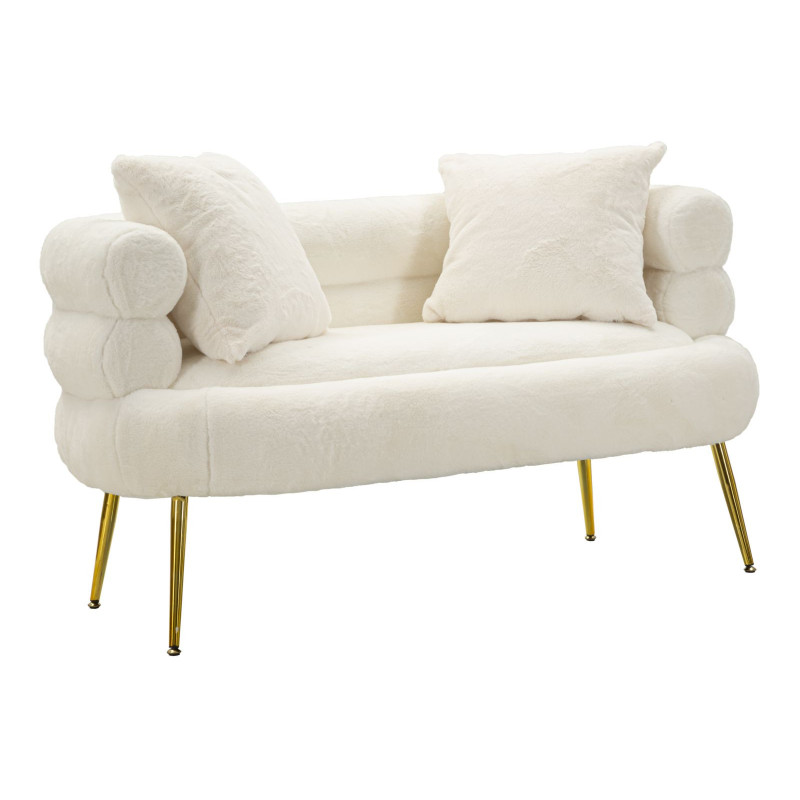 Canapé Bouclette moderne Droit 2 places en Tissu Blanc Bouclé Métal Doré Bois Soffy Plus 