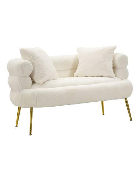 Canapé Bouclette moderne Droit 2 places en Tissu Blanc Bouclé Métal Doré Bois Soffy Plus 