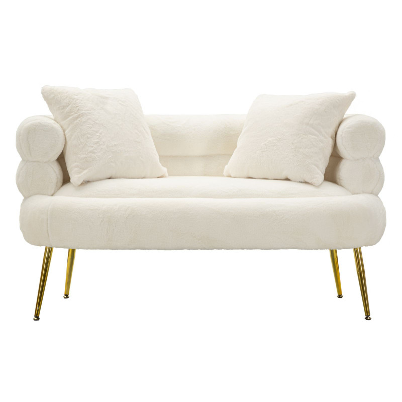 Canapé Bouclette moderne Droit 2 places en Tissu Blanc Bouclé Métal Doré Bois Soffy Plus 