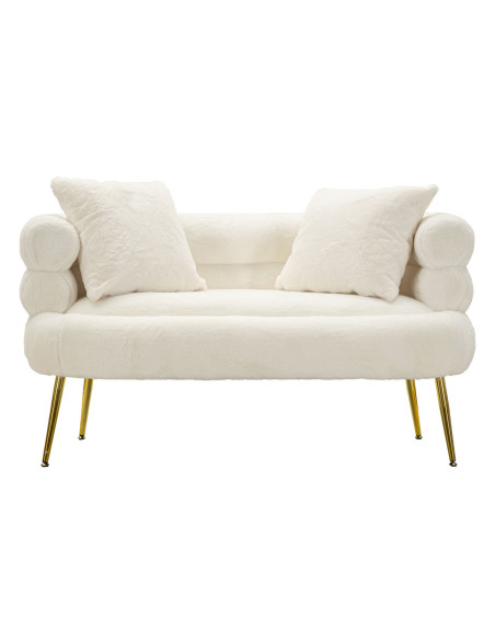 Canapé Bouclette moderne Droit 2 places en Tissu Blanc Bouclé Métal Doré Bois Soffy Plus 