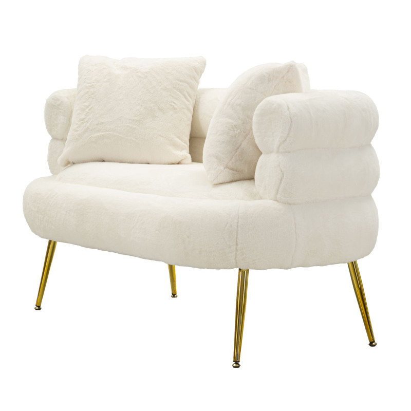 Canapé Bouclette moderne Droit 2 places en Tissu Blanc Bouclé Métal Doré Bois Soffy Plus 