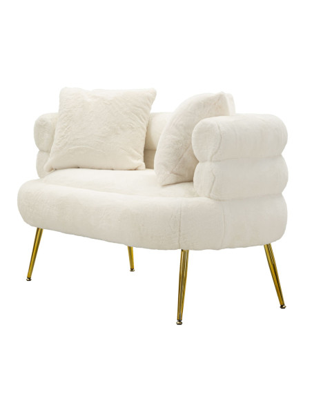 Canapé Bouclette moderne Droit 2 places en Tissu Blanc Bouclé Métal Doré Bois Soffy Plus 