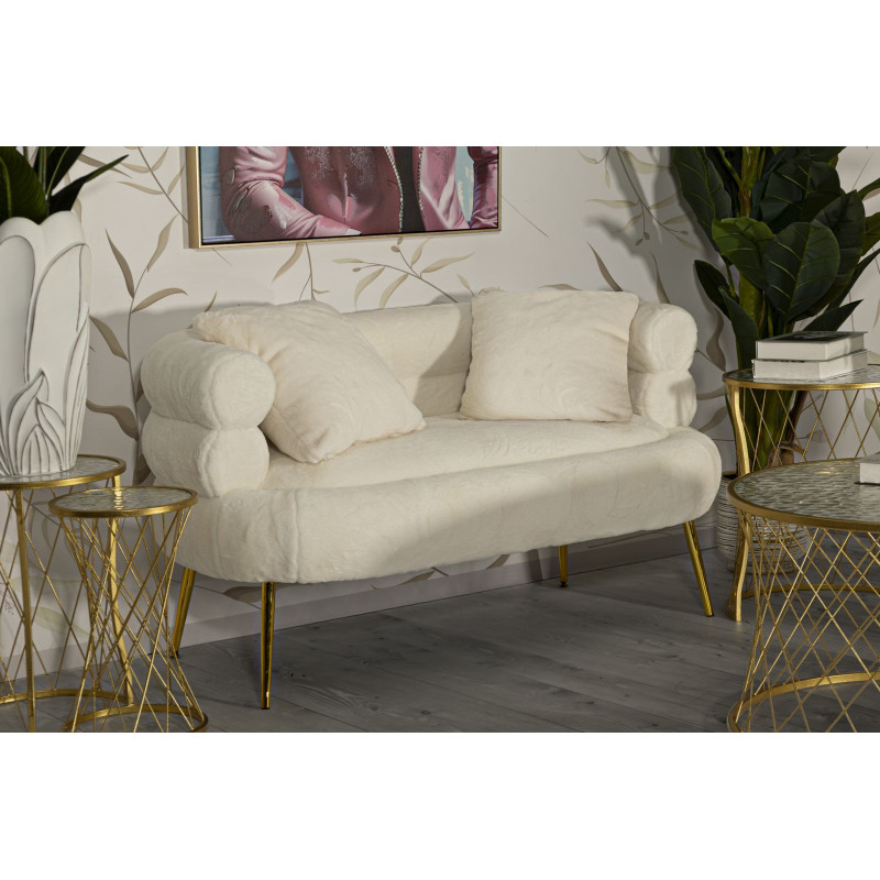 Canapé Bouclette moderne Droit 2 places en Tissu Blanc Bouclé Métal Doré Bois Soffy Plus 