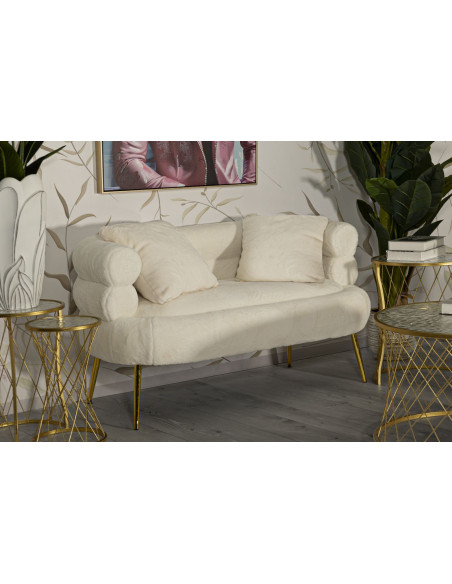 Canapé Bouclette moderne Droit 2 places en Tissu Blanc Bouclé Métal Doré Bois Soffy Plus 