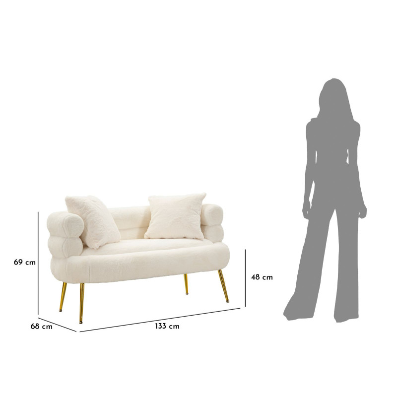 Canapé Bouclette moderne Droit 2 places en Tissu Blanc Bouclé Métal Doré Bois Soffy Plus 