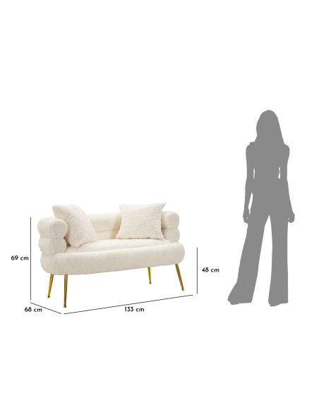 Canapé Bouclette moderne Droit 2 places en Tissu Blanc Bouclé Métal Doré Bois Soffy Plus 