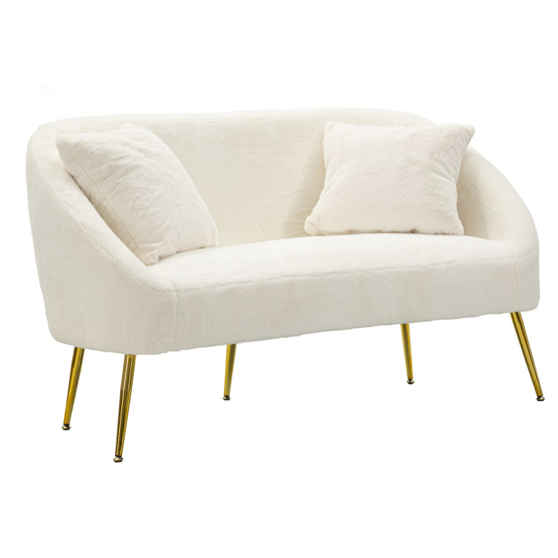 Canapé Bouclette moderne Droit 2 places en Tissu Blanc Bouclé Métal Doré Bois Soffy 