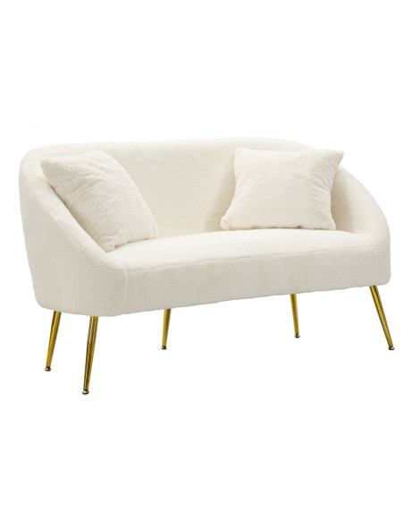 Canapé Bouclette moderne Droit 2 places en Tissu Blanc Bouclé Métal Doré Bois Soffy 