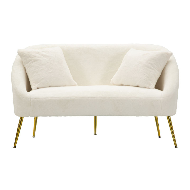 Canapé Bouclette moderne Droit 2 places en Tissu Blanc Bouclé Métal Doré Bois Soffy 