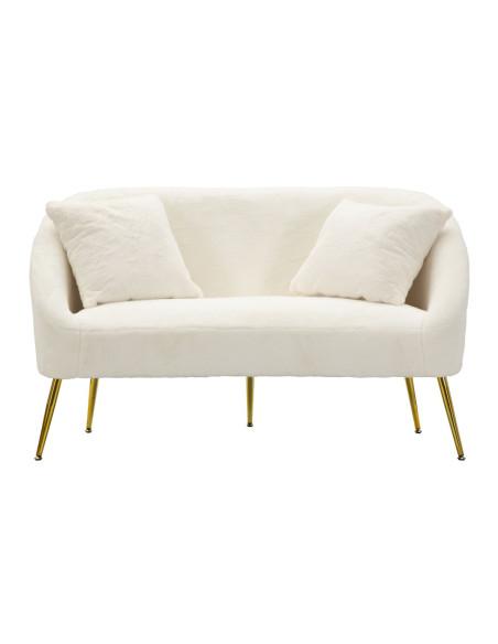 Canapé Bouclette moderne Droit 2 places en Tissu Blanc Bouclé Métal Doré Bois Soffy 