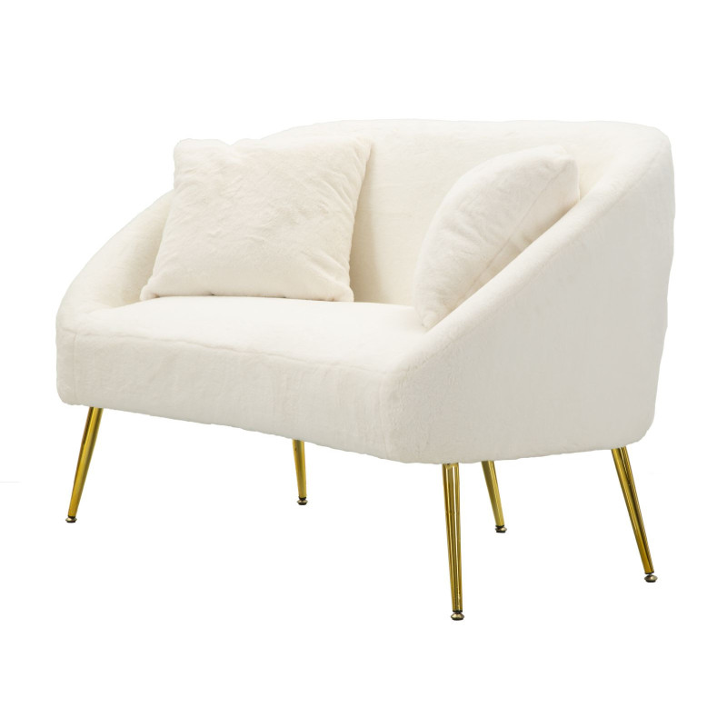 Canapé Bouclette moderne Droit 2 places en Tissu Blanc Bouclé Métal Doré Bois Soffy 