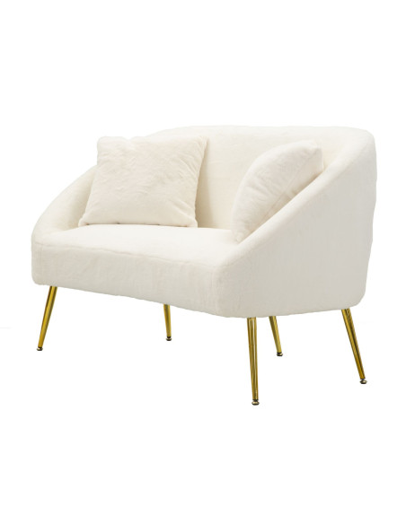 Canapé Bouclette moderne Droit 2 places en Tissu Blanc Bouclé Métal Doré Bois Soffy 