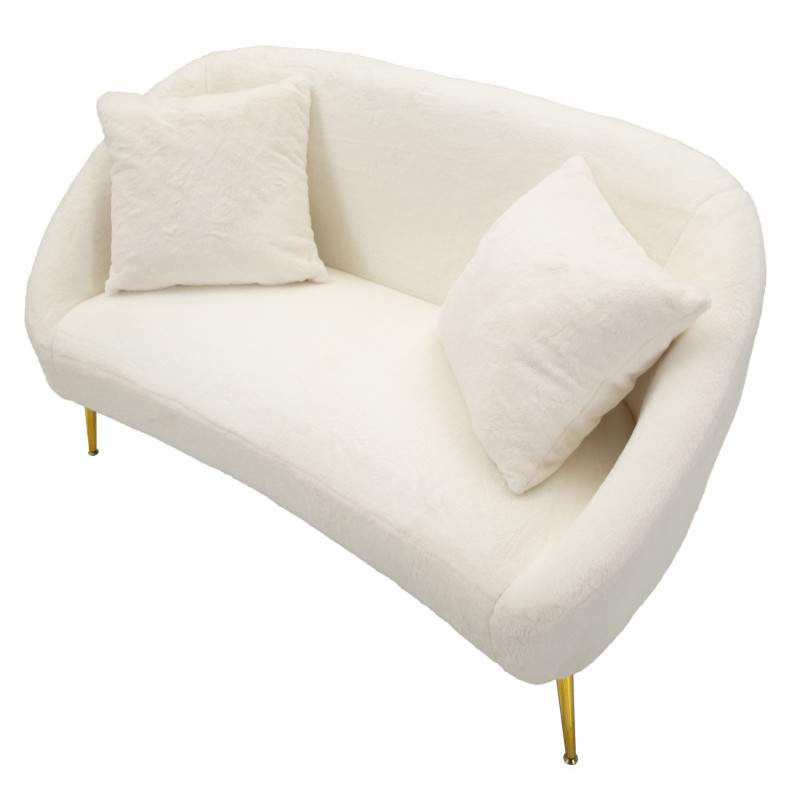 Canapé Bouclette moderne Droit 2 places en Tissu Blanc Bouclé Métal Doré Bois Soffy 