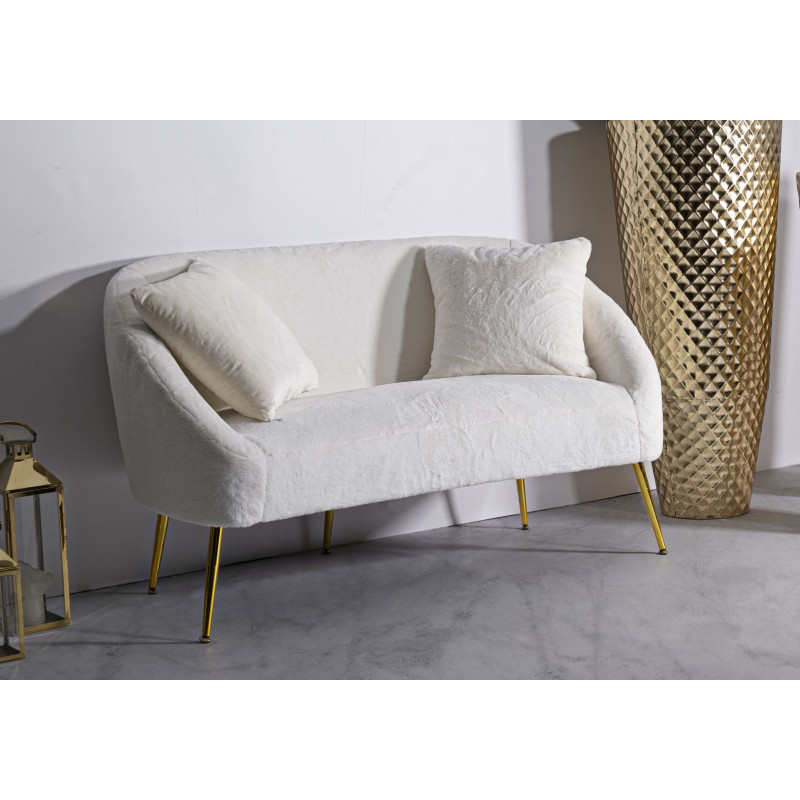 Canapé Bouclette moderne Droit 2 places en Tissu Blanc Bouclé Métal Doré Bois Soffy 