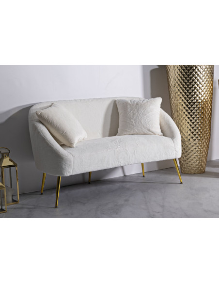 Canapé Bouclette moderne Droit 2 places en Tissu Blanc Bouclé Métal Doré Bois Soffy 