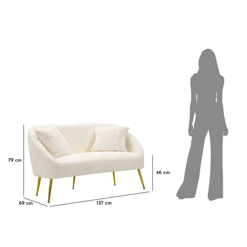 Canapé Bouclette moderne Droit 2 places en Tissu Blanc Bouclé Métal Doré Bois Soffy 