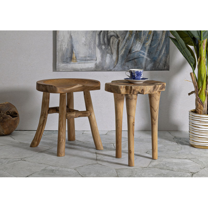 Grand Tabouret artisanal ethnique Hauteur 42 cm en Bois de teck recyclé Marron Sel 