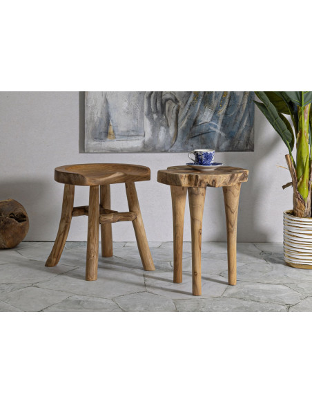 Grand Tabouret artisanal ethnique Hauteur 42 cm en Bois de teck recyclé Marron Sel 