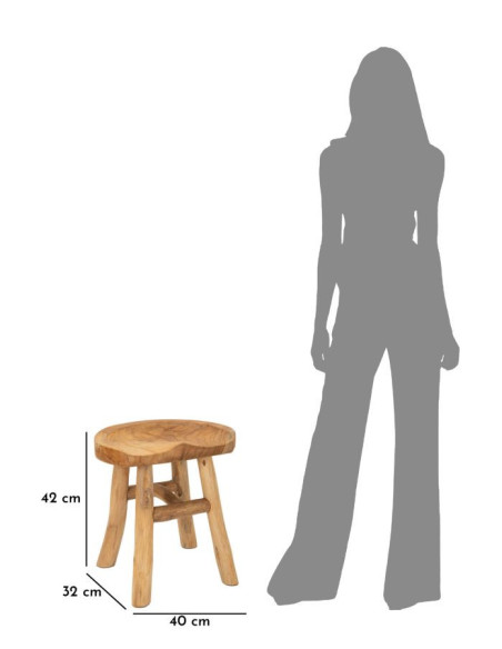 Grand Tabouret artisanal ethnique Hauteur 42 cm en Bois de teck recyclé Marron Sel 