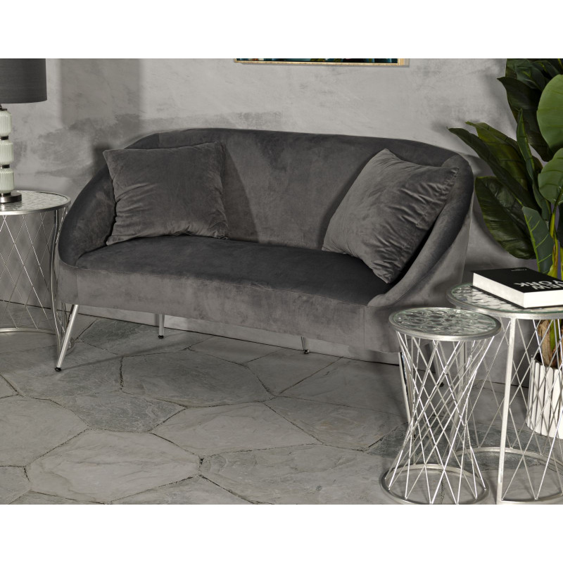 Canapé moderne chic Droit 2 places en Velours Gris Métal Argenté Bois Silvery 