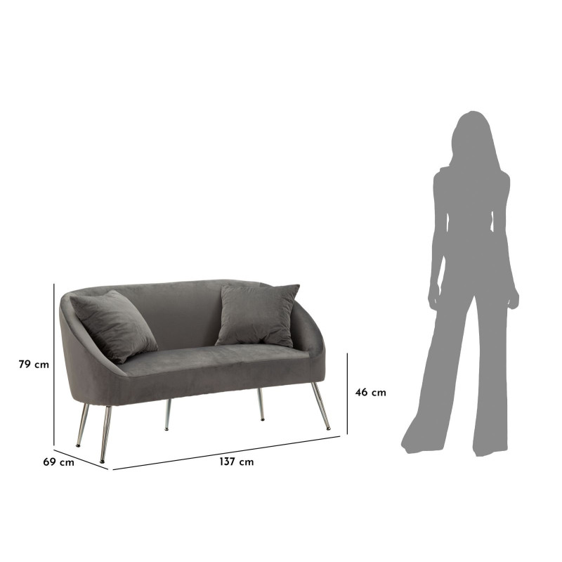 Canapé moderne chic Droit 2 places en Velours Gris Métal Argenté Bois Silvery 